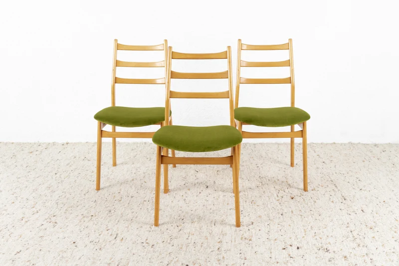 3er Set Vintage Stühle Massivholz Buche Samt Grün Casala Möbel Küche Esszimmer Mid Century
