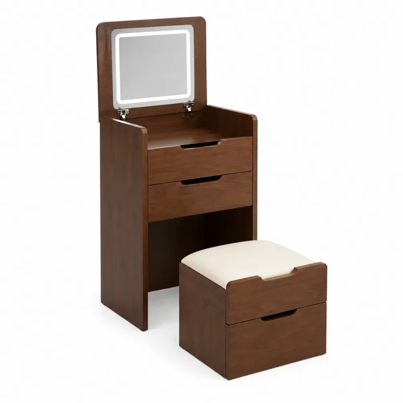 Schminktisch mit Spiegel und Hocker Set Holz Braun
