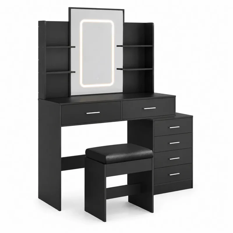 Schminktisch mit Hocker und LED-Spiegel aus MDF in Schwarz