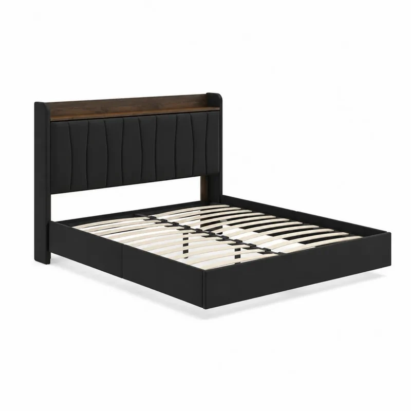 Doppelbett aus Holz und Kunstleder in Schwarz