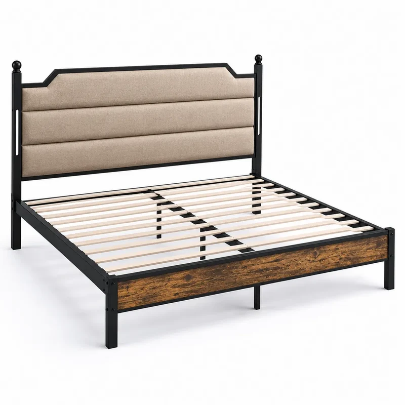 Metallbett mit Kopfteil aus Polyestergewebe Stahl-Holz Beige 200x160 cm