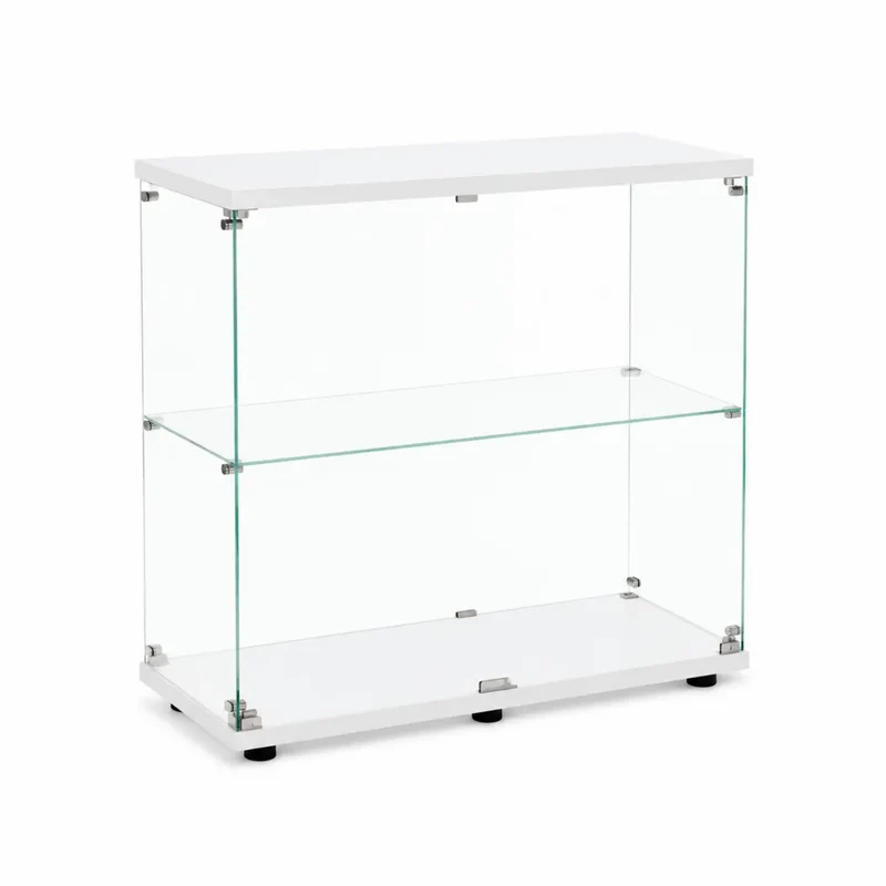Vitrine aus gehärtetem Glas mit weißen Regalböden