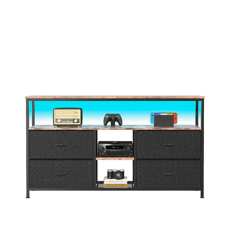 Yelenaro TV-Schrank 108 cm mit LED & 4 Stoffschubladen – Retro / Schwarz / Farbig