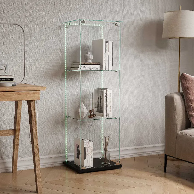 Yelenaro Glasvitrine mit LED-Beleuchtung – Abschließbare Standvitrine aus ESG-Glas, 123 cm, Weiß/Schwarz, 3 Böden