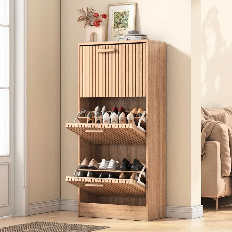 Yelenaro Schuhschrank mit 3 Klappen – Schmaler Flurschrank in Holzoptik, 60×24×113 cm