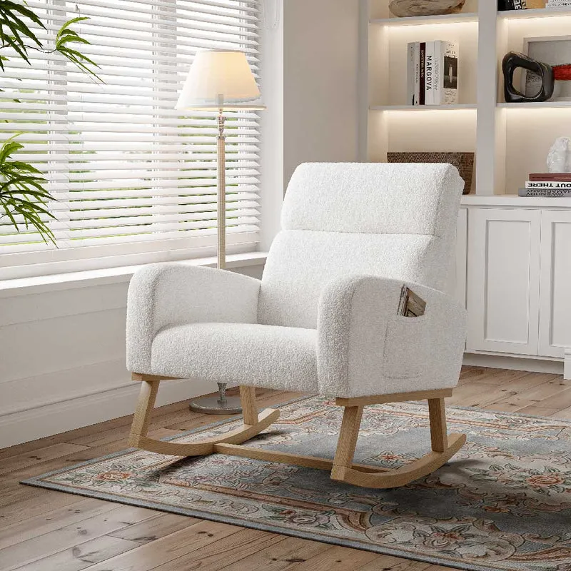 Yelenaro Schaukelstuhlsofa aus Teddy-Stoff – Relaxsessel mit Holzsockel & Seitentaschen