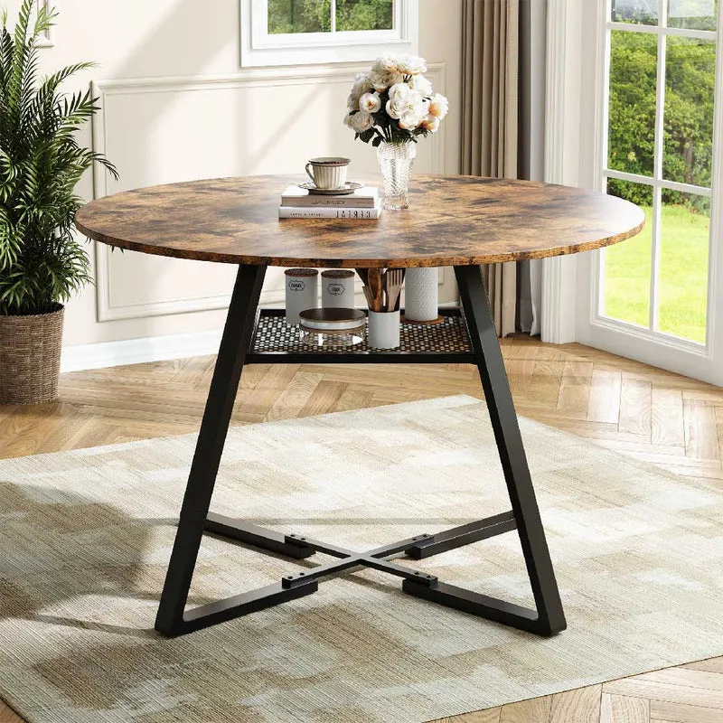 YELENARO Runder Esstisch 120 cm – Vintage Holztisch mit Metallgestell & Ablage, für 4–6 Personen