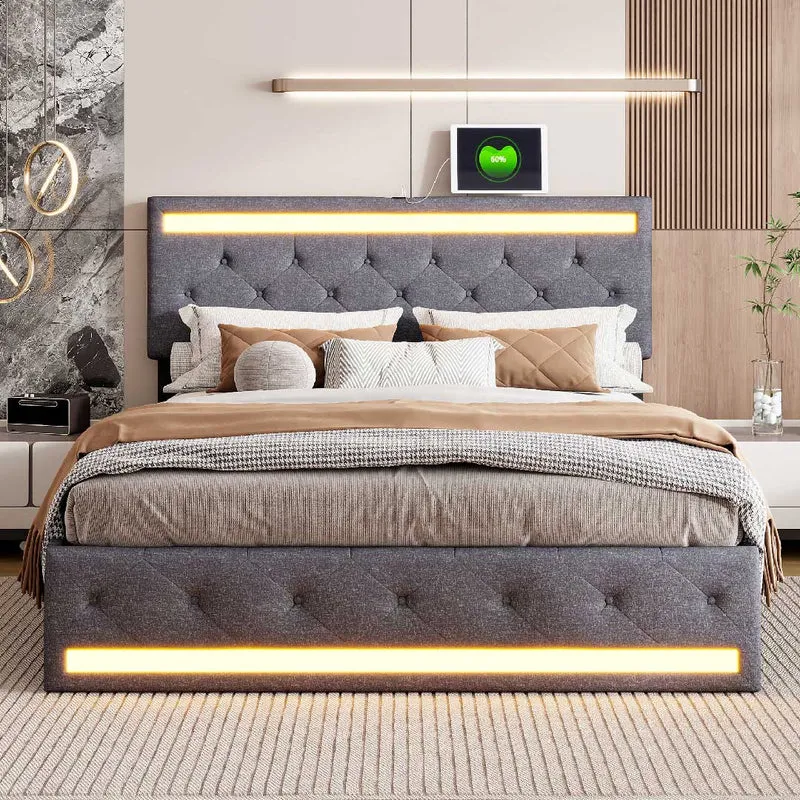 YELENARO LED-Polsterbett mit USB & 4 Schubladen – Leinenbett 140/160/180×200 cm
