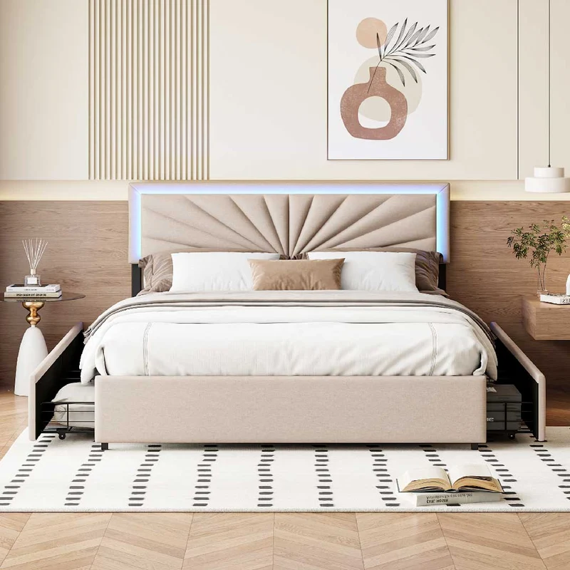 YELENARO Stoff-Polsterbett mit 4 Schubladen & LED – 140/160×200 cm