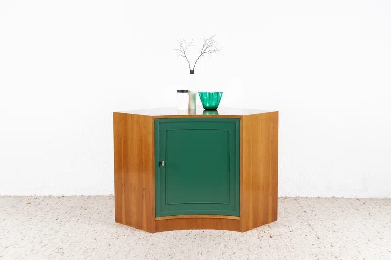 Vintage Eckschrank Eckkommode Holz Nuss Grün