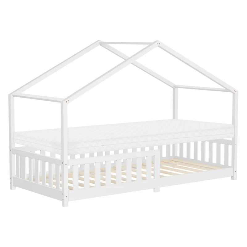 Kinderbett Hausbett 90x200 cm Weiß aus Kiefernholz mit Matratze H:10cm Rausfallschutz und Lattenrost ML-Design