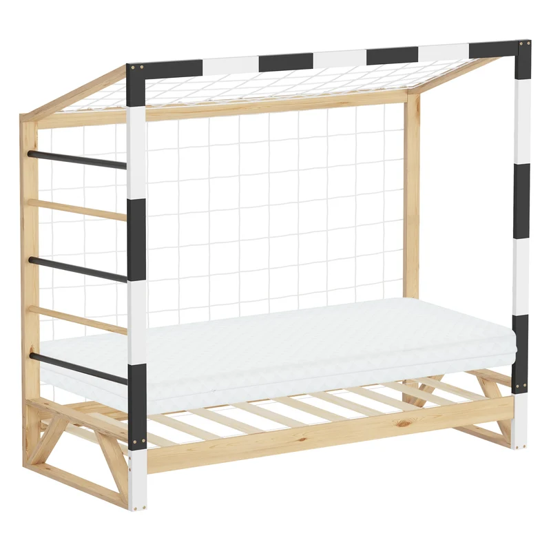 ML-Design | Kinderbett Fußballtor mit Matratze H:10cm, 80x160 cm aus massivem Kiefernholz Holzbett mit Lattenrost & Tornetz Handballtor