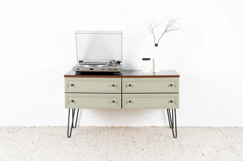 Vintage Low Tv Hifi Bord Kommode Schubladen Holz Grün Sideboard