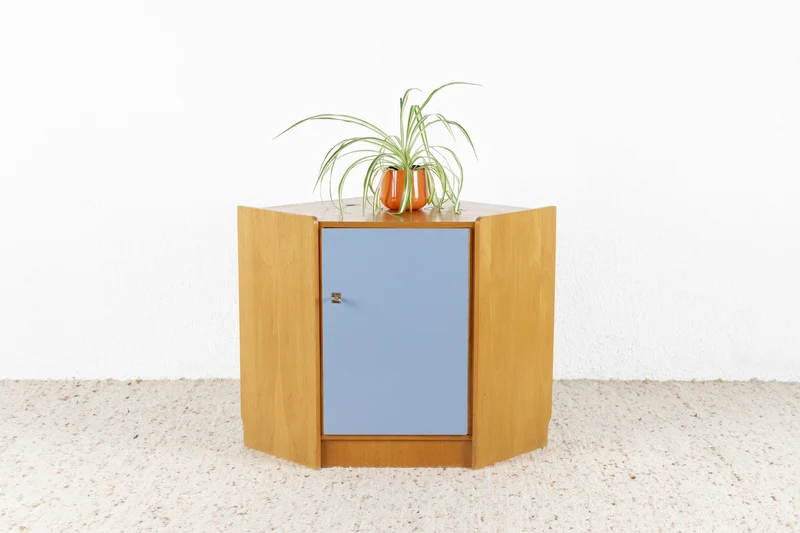 Vintage Eckkommode Eckschrank Holz Blau Rüster DDR Bauhaus Pastell