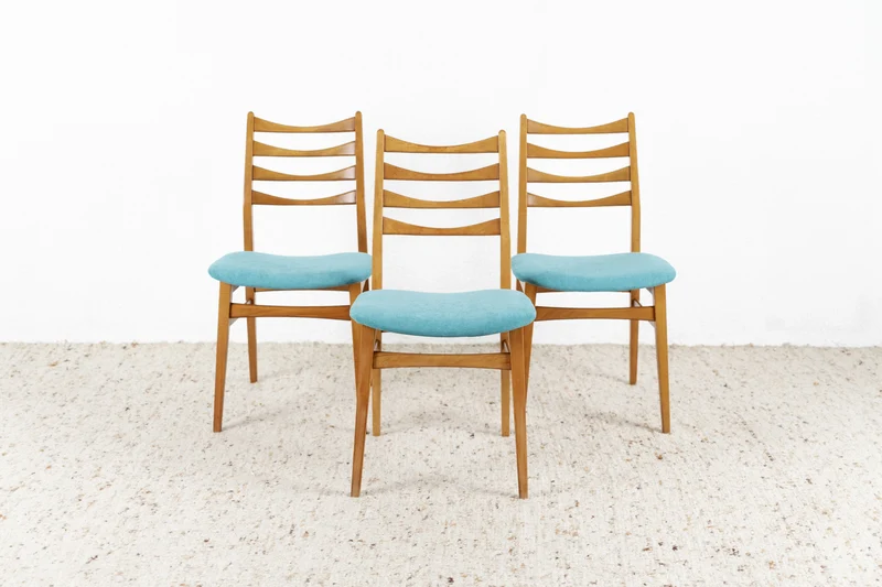 3er Set Vintage Stühle Holzgestell Petrol Blau Mid Century 1960er Stuhl