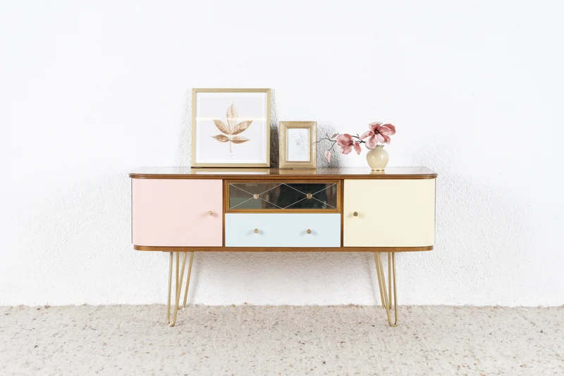 Mid Century 60s Designer Sideboard Vintage Kommode Holz Gold Schubladen 1960er