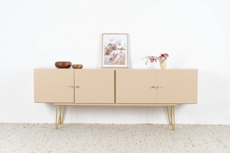 Vintage Sideboard Gold Kommode Mid Century Beige Holz Retro
