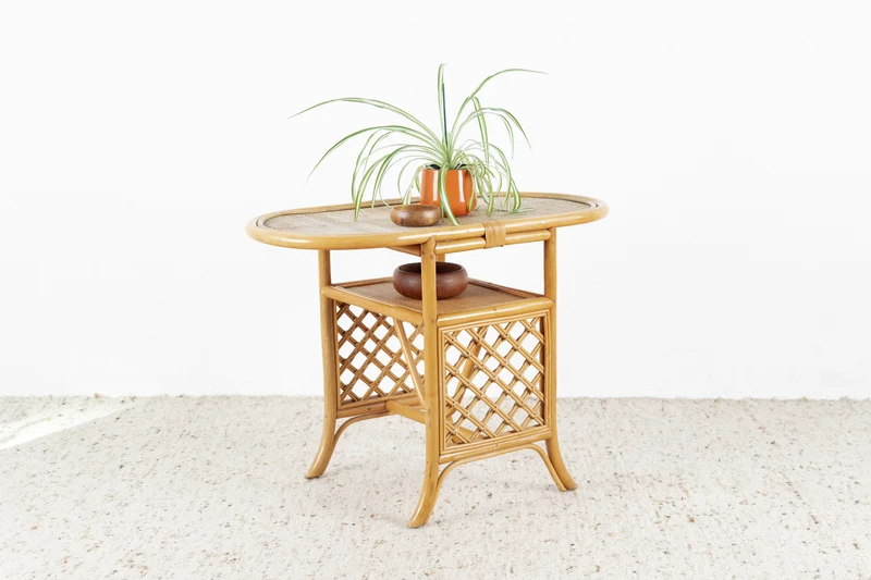 Vintage Boho Esstisch Beistelltisch Ablage Tisch Blumentisch Bambus Rattan