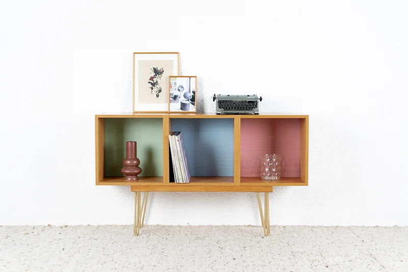 Vintage Sideboard Platten Regal Schichtholz Buche Bauhaus Loft Kommode TV Hifi Platten Würfel