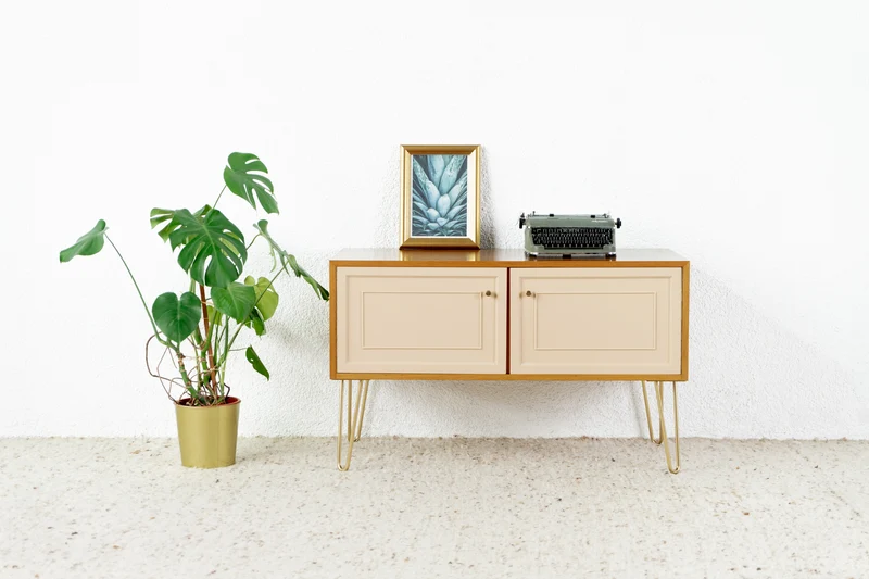 GERO Vintage Kommode Sideboard Holz Nuss Creme Gold Mid Century 60s 1960 Tv Lowboard