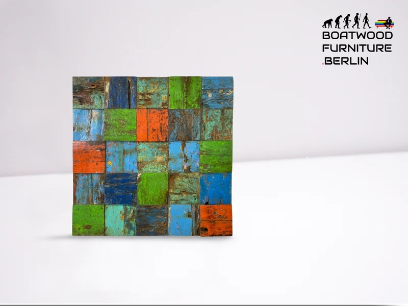 Boatwood by WMK # Großes Patchwork Wandbild 100x100cm, ein handgefertigtes Unikat aus recyceltem Bootsholz