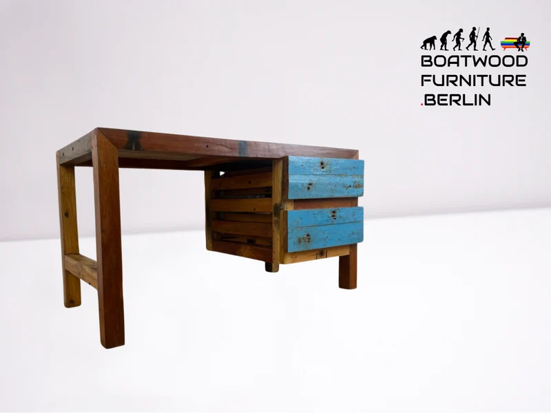 Boatwood by WMK # Sehr schöner & robuster Schreibtisch aus altem Bootsholz, ein handgefertigtes Unikat aus massivem Teakholz