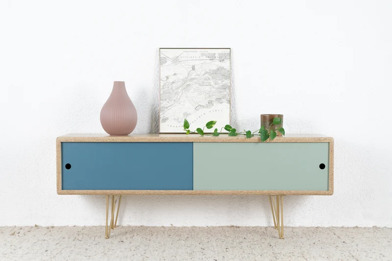 R&F Sideboard Holz Recycling Kommode Tv Board Schiebetüren Mid Century Space Age Design