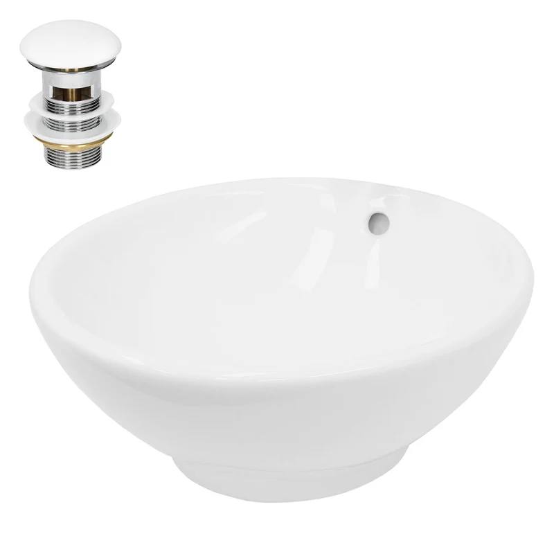 Waschbecken inkl. Ablaufgarnitur Weiß mit Überlauf Ø 42x17 cm Weiß aus Keramik LuxeBath