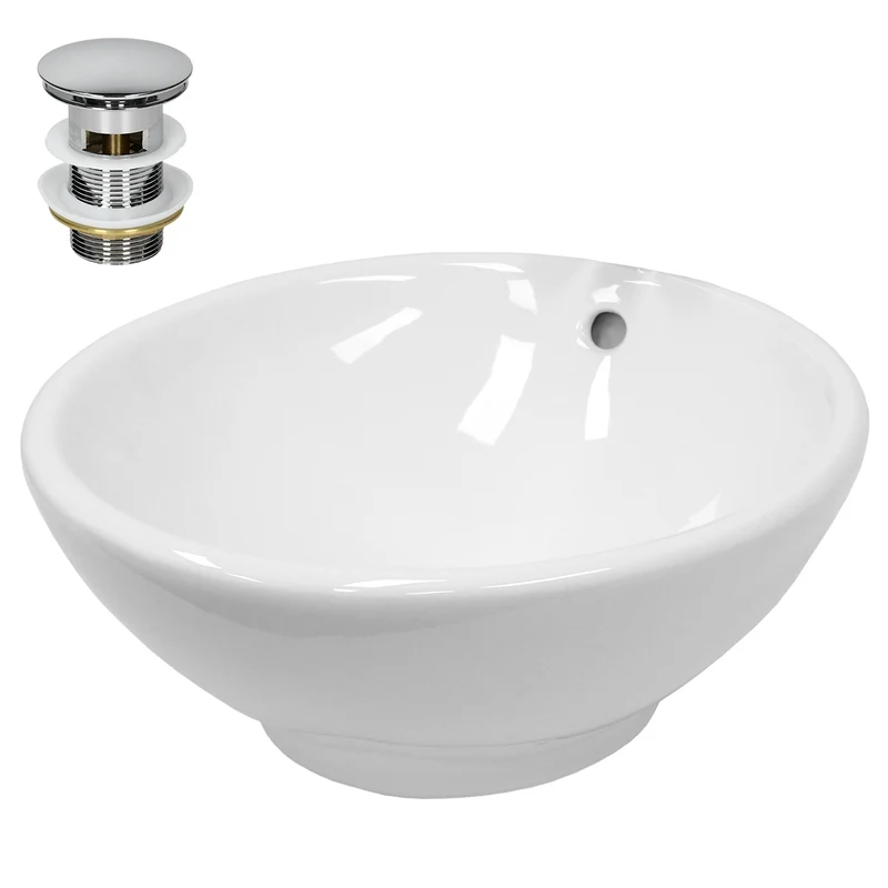 Waschbecken inkl. Ablaufgarnitur Slber mit Überlauf Ø 42x17 cm Weiß aus Keramik LuxeBath