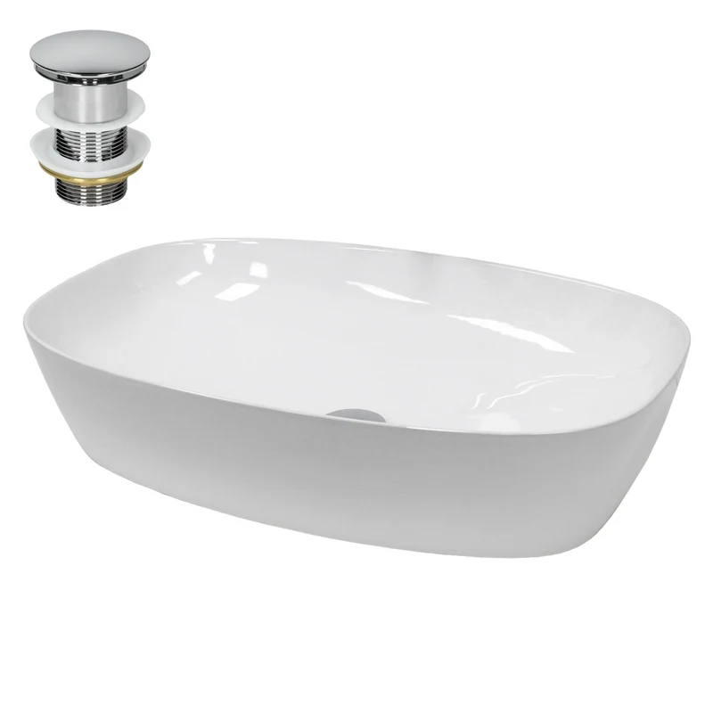Waschbecken inkl. Ablaufgarnitur Silber ohne Überlauf 60,5x38x14 cm Weiß aus Keramik LuxeBath