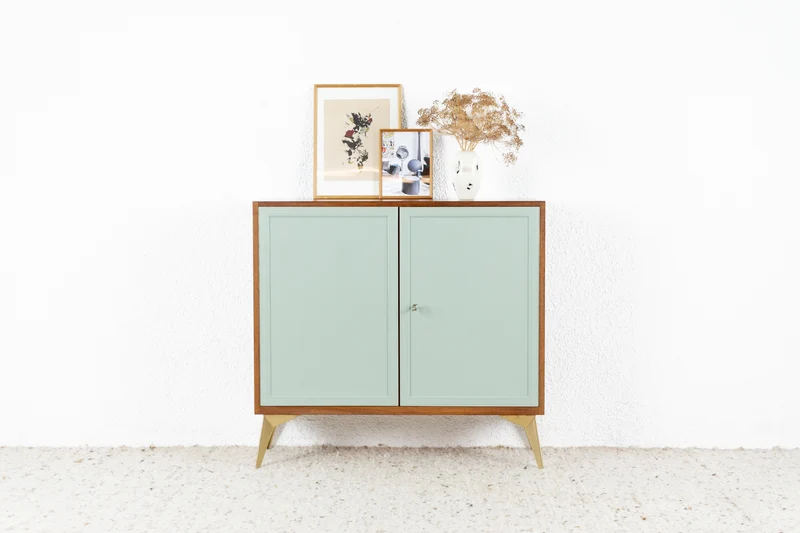 Vintage Kommode Mid Century Holz Nuss Sideboard Pastell Salbei