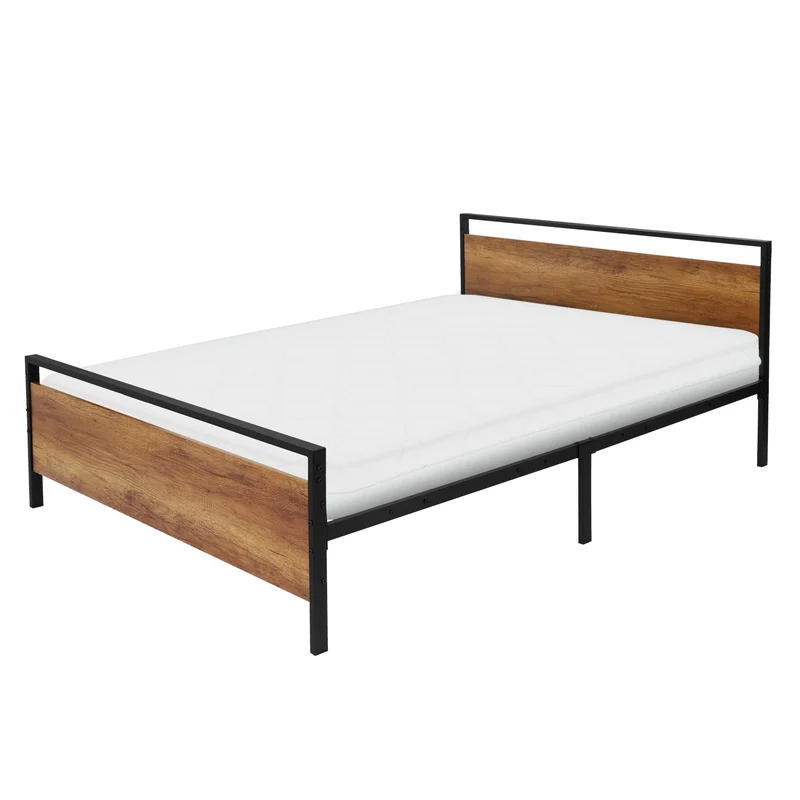 Metallbett 140x200 cm inkl. Matratze H:16cm Schwarz/Braun Bettgestell 208 x 50,5/80,5 x 144 cm mit Holz Kopf- & Fußteil ML-Design