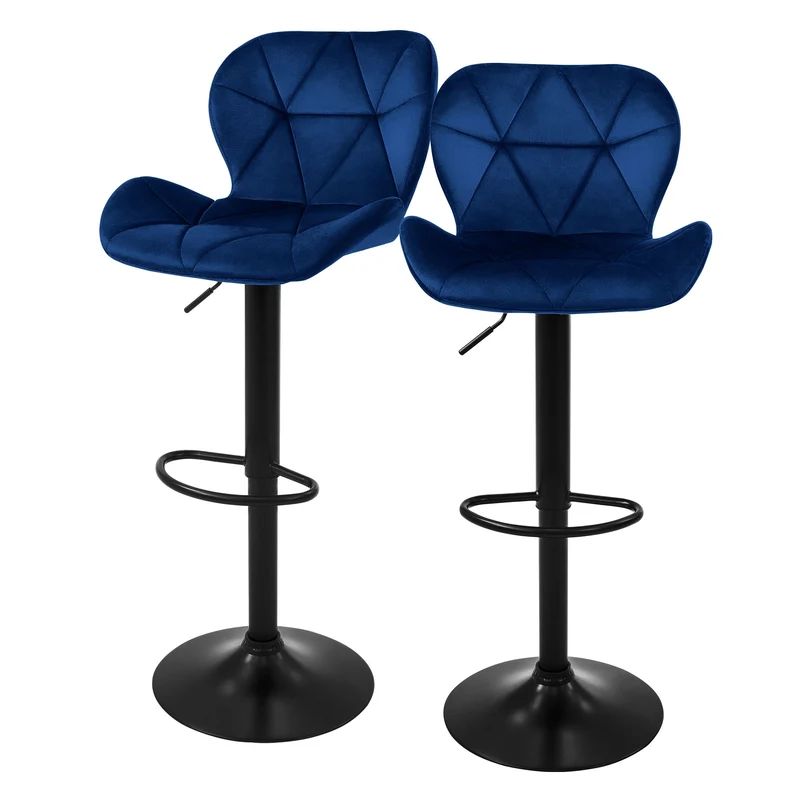 Barhocker 2er Set Blau Samtbezug mit Rückenlehne und Fußstütze höhenverstellbar 59-79cm ML-Design