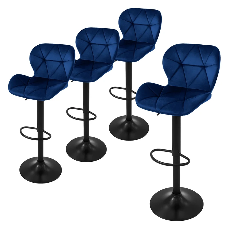 4er Set Barhocker Blau Samtbezug mit Rückenlehne und Fußstütze höhenverstellbar 59-79cm ML-Design
