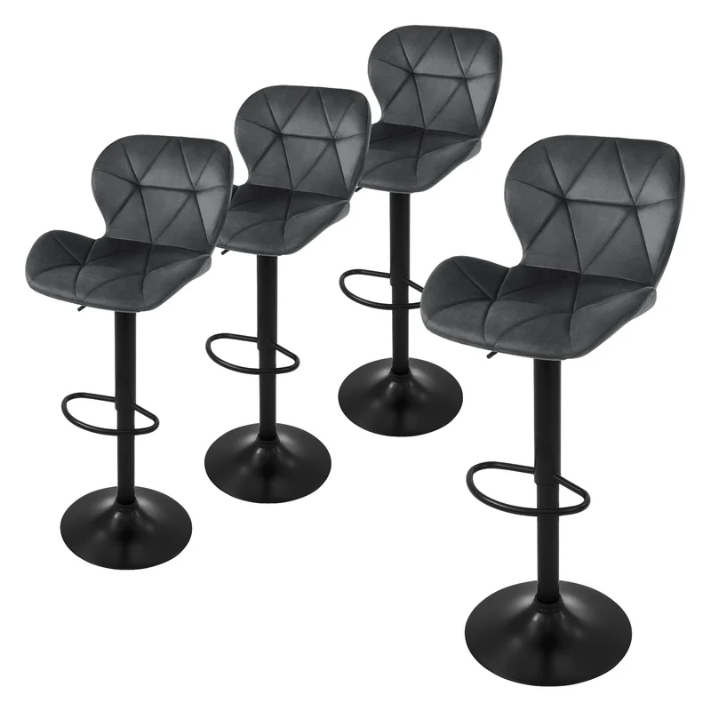 4er Set Barhocker Grau Samtbezug mit Rückenlehne und Fußstütze höhenverstellbar 59-79cm ML-Design