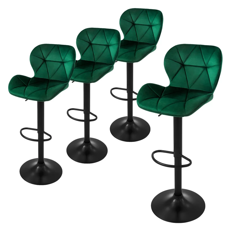 4er Set Barhocker Grün Samtbezug mit Rückenlehne und Fußstütze höhenverstellbar 59-79cm ML-Design