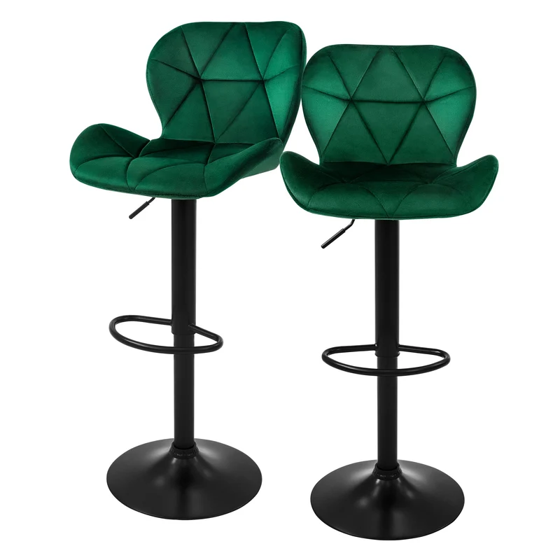 Barhocker 2er Set Grün Samtbezug mit Rückenlehne und Fußstütze höhenverstellbar 59-79cm ML-Design
