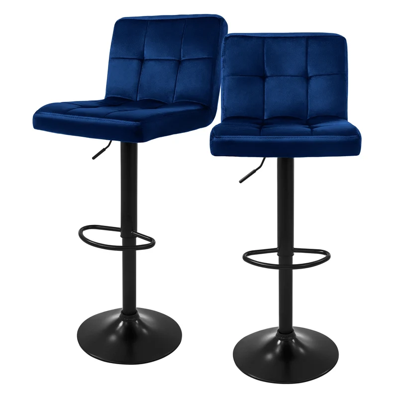 Barhocker 2er Set Blau Samtbezug mit Rückenlehne und Fußstütze höhenverstellbar 63-83cm ML-Design