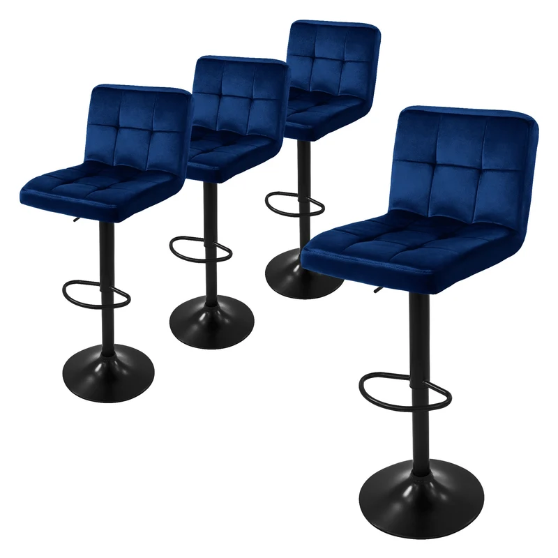4er Set Barhocker Blau Samtbezug mit Rückenlehne und Fußstütze höhenverstellbar 63-83cm ML-Design