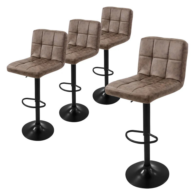 4er Set Barhocker Braun Kunstlederbezug mit Rückenlehne und Fußstütze höhenverstellbar 63-83cm ML-Design