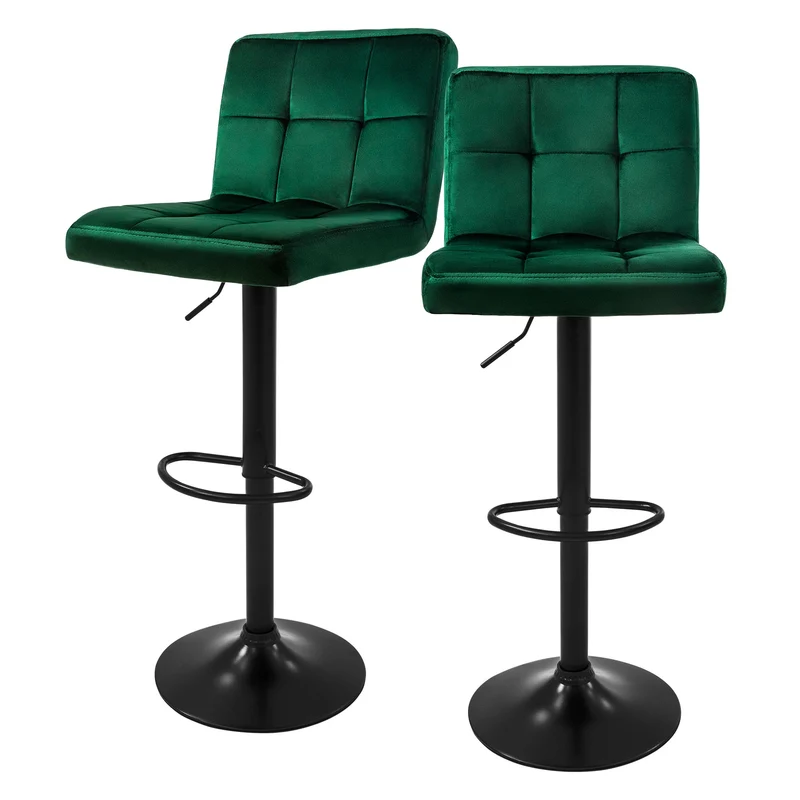 Barhocker 2er Set Grün Samtbezug mit Rückenlehne und Fußstütze höhenverstellbar 63-83cm ML-Design