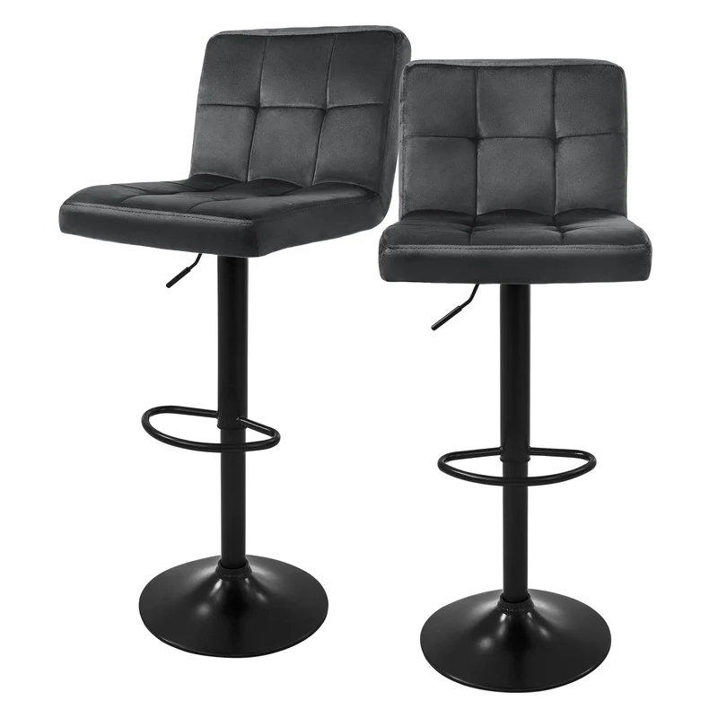 Barhocker 2er Set Grau Samtbezug mit Rückenlehne und Fußstütze höhenverstellbar 63-83cm ML-Design