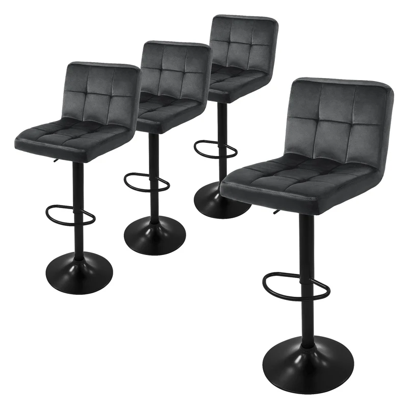 Barhocker 4er Set Grau Samtbezug mit Rückenlehne und Fußstütze höhenverstellbar 63-83cm ML-Design