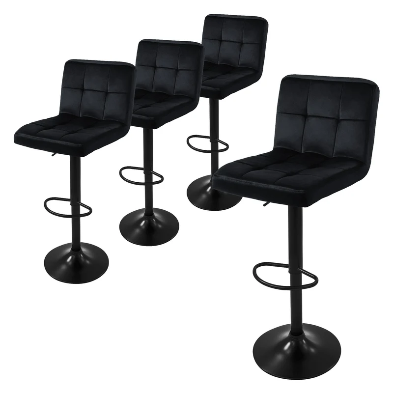 4er Set Barhocker Schwarz Samtbezug mit Rückenlehne und Fußstütze höhenverstellbar 63-83cm ML-Design
