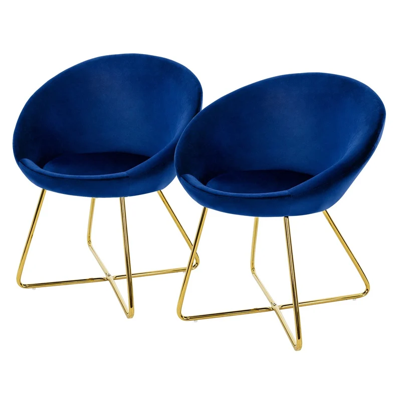 Esszimmerstuhl 2er Set mit runder Rückenlehne Blau aus Samt mit goldenen Metallbeinen ML-Design
