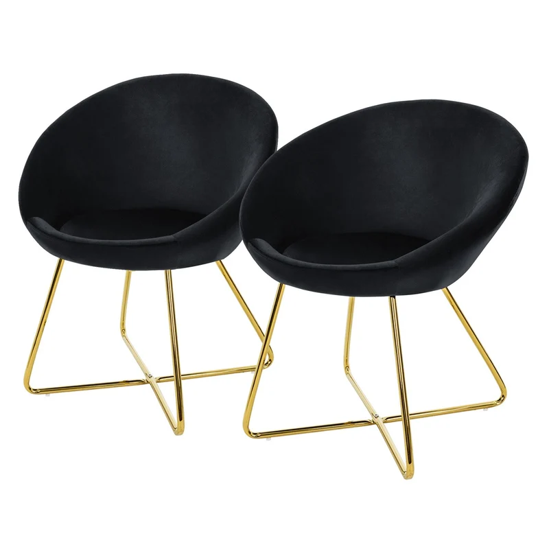 Esszimmerstuhl 2er Set mit runder Rückenlehne Schwarz aus Samt mit goldenen Metallbeinen ML-Design