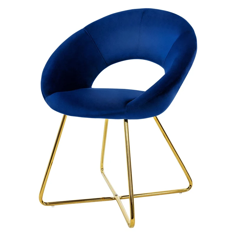 Esszimmerstuhl mit runder offener Rückenlehne Blau aus Samt mit goldenen Metallbeinen ML-Design