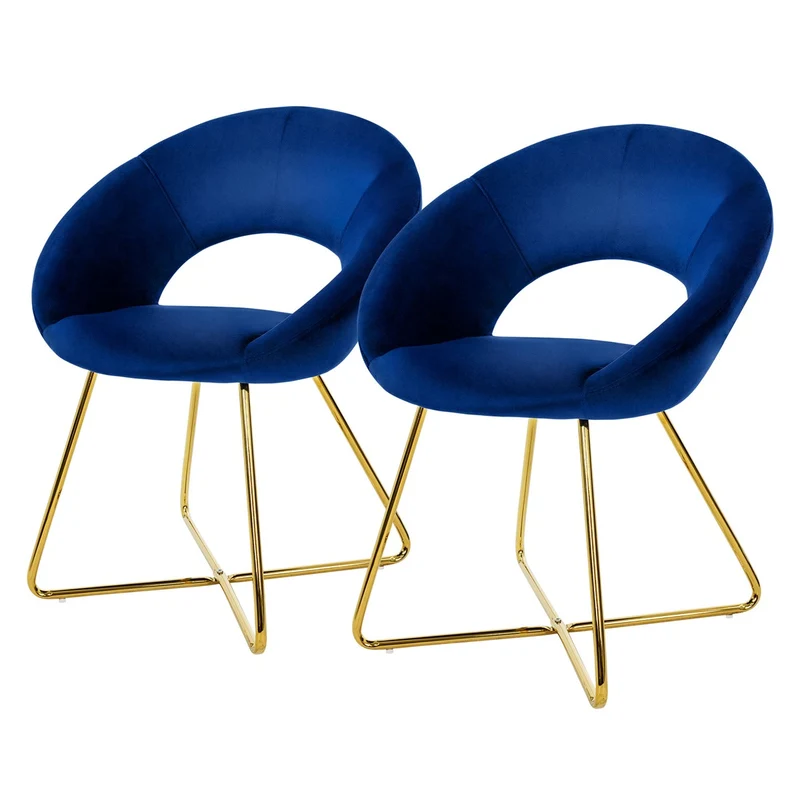 Esszimmerstuhl 2er Set mit runder offener Rückenlehne Blau aus Samt mit goldenen Metallbeinen ML-Design