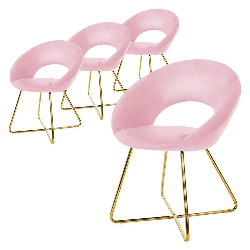 4er Set Esszimmerstuhl mit runder offener Rückenlehne Rosa aus Samt mit goldenen Metallbeinen ML-Design