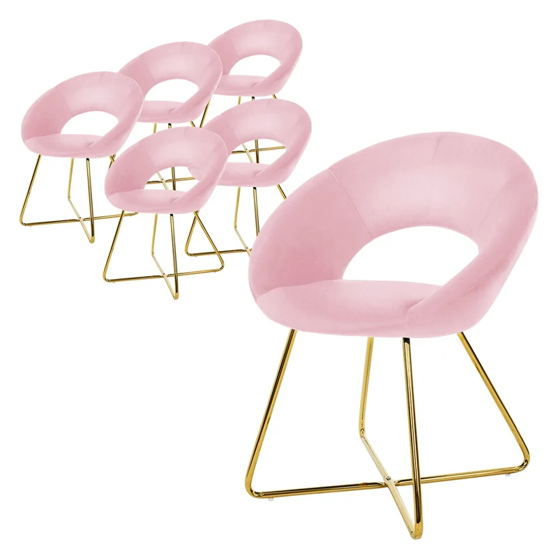 6er Set Esszimmerstuhl mit runder offener Rückenlehne Rosa aus Samt mit goldenen Metallbeinen ML-Design